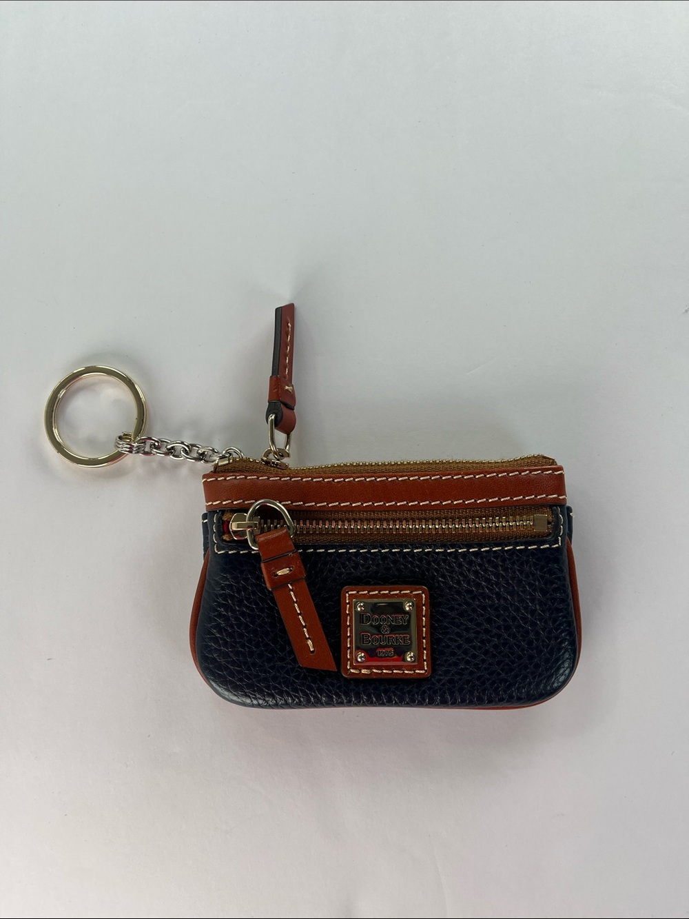 Dooney & Bourke Navy Pebbled Leather Coin Pouch Key Ring with Brown Trim